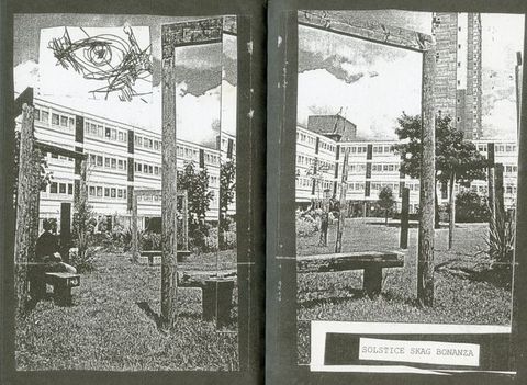 Pages of a book. Black and white images appear to be affixed to black pages. They are of a grassy space enclosed by buildings. A squared archway stands over a bench in front of us. A piece of paper with a sketchy drawing of an eye is in the upper left corner of the left page.