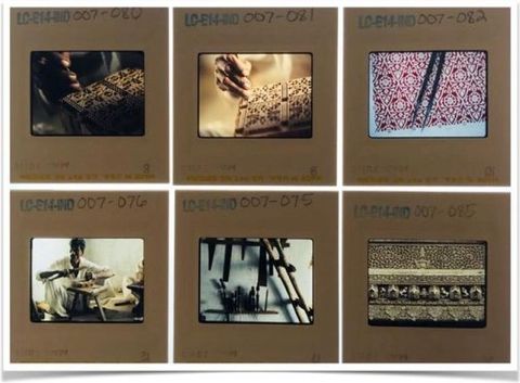 Slides. The top three of six colour slides are close ups of jewellery worn by dark-skinned people. In the bottom row, two slides show silver objects, and the sixth a person sitting in front of a sign or wall.