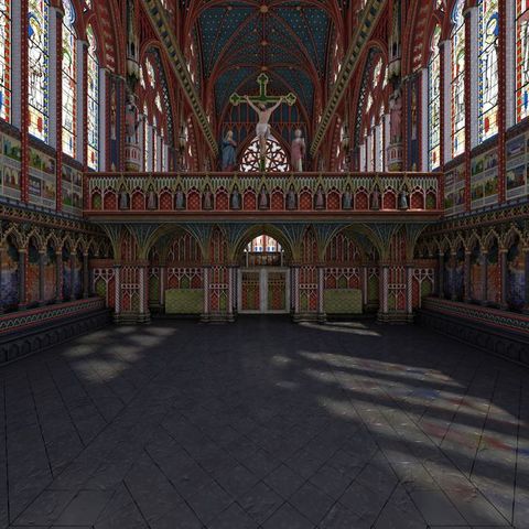 Digital visualization. Nearly every surface of this hall-like structure is covered in ornament, carving, pattern, colour, or stained glass. A choir screen blocks our view down the length of the chapel, but a round rose window is glimpsed above the rood loft of the choir screen.