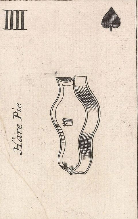 Playing card. The four of spades is illustrated with an upside-down vaguely bowling pin-shaped, straight-walled pie labelled “Hare Pie”.
