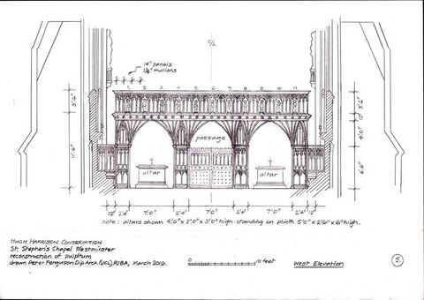Plan. Elevation drawing shows a structure with three pointed arched openings under a rood loft. The centre opening is labelled “passage”, and altars sit in the other two. Dimensions are written around the drawing.