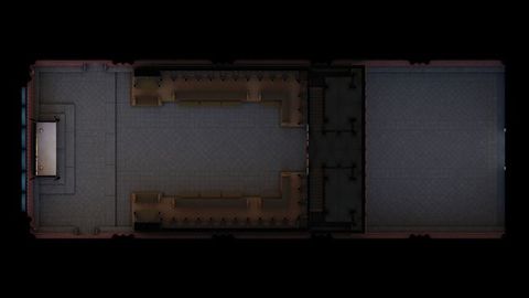 Digital visualization. We look down onto the footprint of a cathedral, which has rows of seating lining the walls behind a screen that separates the entrance from the altar, to our left.