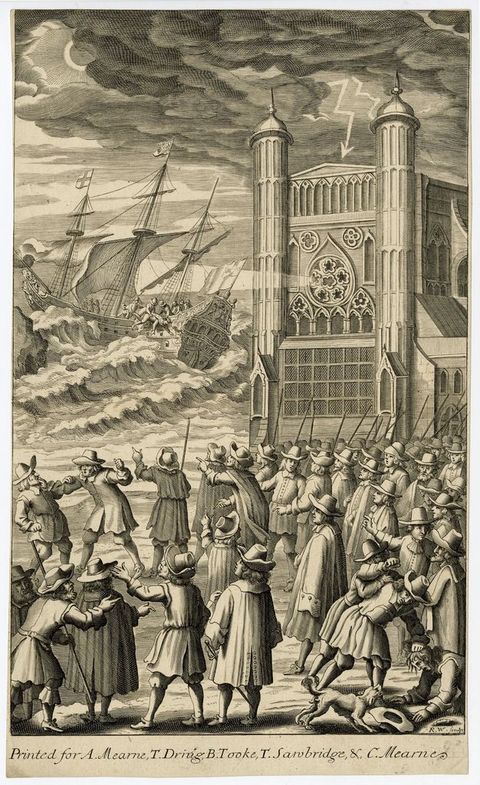 Print. About three dozen people gather on a beach looking at a wave-tossed masted ship impossibly close to shore. To our right and incongruously abutting the water, a beacon shines from the centre of a rose window on the façade of a church.