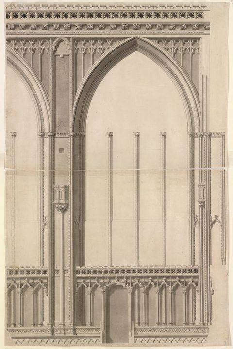 Drawing. This elevation shows a pointed arched opening about three times as tall as a door on the level below. Three columns, which float unconnected here, would have held up arches nested within this one.