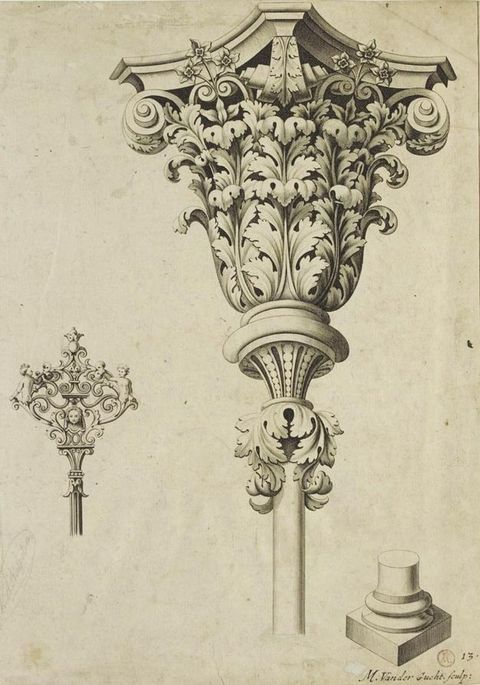 Print. A spindly column holds up an ornate, leafy capital. Acanthus leaves curl down at the base under an upwards flaring foot supporting the capital. Two levels of tall leaves are topped by flowers and scrolling volutes.