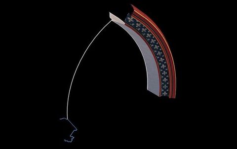 Digital model. Computer rendering of the right half of a pointed arch. The outer face is painted with gold fleur-de-lis against a blue band, and the outer moulding is red and gold.