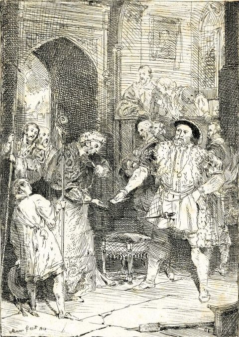 Print. A man wearing red cardinal’s robes, Thomas Wolsey, receives a piece of paper from a man standing with feet widely planted, Henry VII.