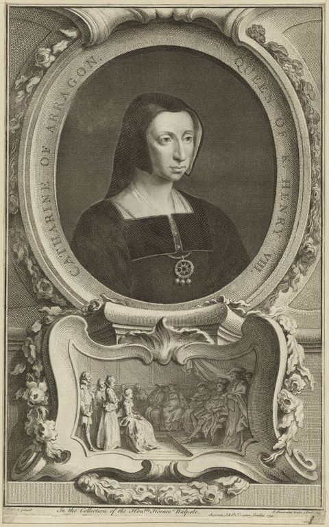 Print. Shown from the chest up in an oval frame, a woman wearing black and a black hood looks off to our right with hooded eyes. She has a prominent nose and narrow chin. The frame appears to be carved from stone and is inscribed, “Catherine of Aragon. Queen of K. Henry VIII”.