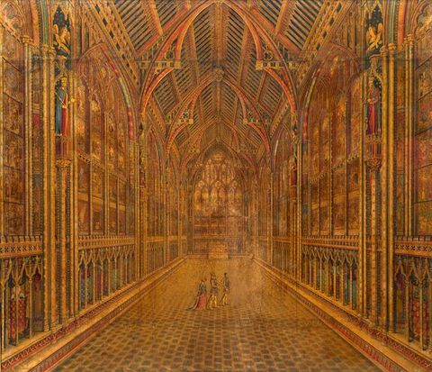 Watercolour. Almost every surface of this hall-like, vastly tall structure is covered in ornament, carving, pattern, and/or colour. The space zooms away from us to the altar under pointed arched glass windows. Three people standing near the centre of the space are insignificant in the scale of the timber-ceilinged structure.