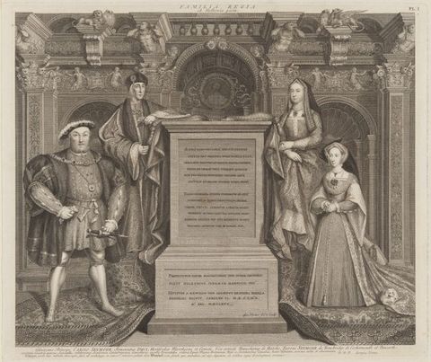 Print. Two men and two women stand on either side of stone monument carved with words on the front face. Patterned carpets drape down the sides underfoot, and the room is elaborately carved with ornament.