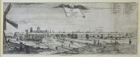 Print. A wide, panoramic view of a city skyline beyond fields and roads. A windmill close to us lines the left edge of the landscape. Locations are numbered and a legend is in the top right.