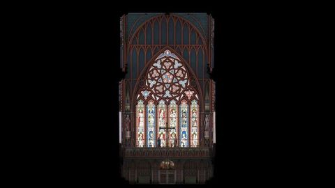 Digital visualization. A pointed arch has six columns of stained glass under a round, rose window. The window is under a higher, rounded arch filled with more pointed arches. That framing is painted red against blue.