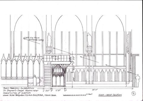 Plan. Elevation drawing shows that a structure spanning the space between the sidewalls of a chapel reaches slightly up into the second level. A few features are marked, including a line labelled “sight line from entrance lobby”.