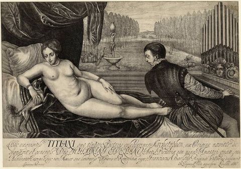 Print. A nude woman lies across dark drapery, propping up her body with one elbow, that hand touching a small dog. At the foot of her bed, a man wearing a jerkin over crinkled sleeves, puffy pantaloons, and stockings plays an organ. He leans back to look at her. The background opens into a deep landscape lined with trees.