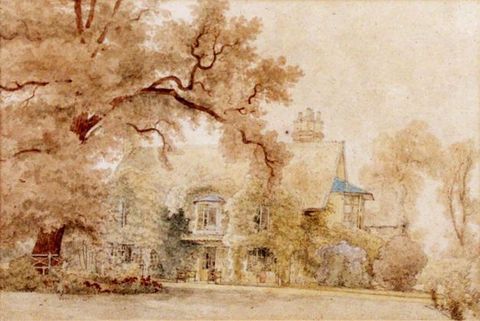 Watercolour. A two-level building nestles among bushes and trees against a clear sky. The scene is painted entirely in tones of rose gold, chestnut brown, and beige with a few touches of blue and orange.