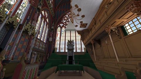 Digital visualization. Three views show the same space at different periods in time. A triangle at the centre of this rectangular image is flanked by the other two views. One shows the space elaborately carved and painted in red, blue, and gold. The centre shows a space lined with green-covered seating. The third shows a wood-panelled room.