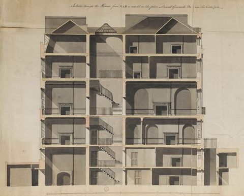 Drawing. Elevation of a six-storey building with a wall removed to show mostly capacious rooms, almost all with their own fireplaces. The rooms are stacked in two sections, connected up the centre by stairs.