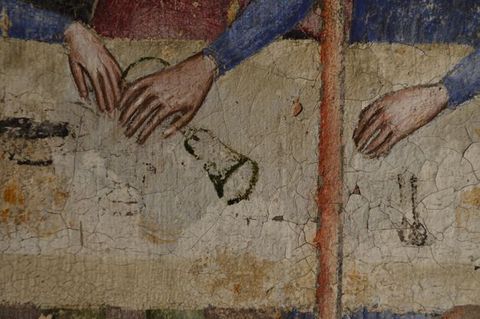 Painting. Detail view of three pale-skinned hands on a white table, one overlapping a stemmed glass.