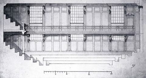 Drawing. Elevation of a panelled, hall-like space with windows above and below what appears to be a balcony.