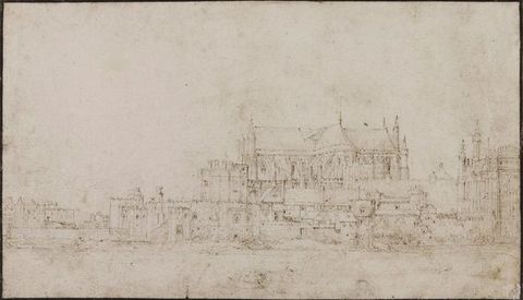 Drawing. Palaces and churches of London’s skyline are outlined in brown ink against a blank sky.