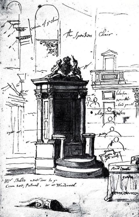 Drawing. A covered chair with half-moon steps is encased in panelling, columns, and carved ornament. Other sketches around the chair capture details and profiles of the moulding.