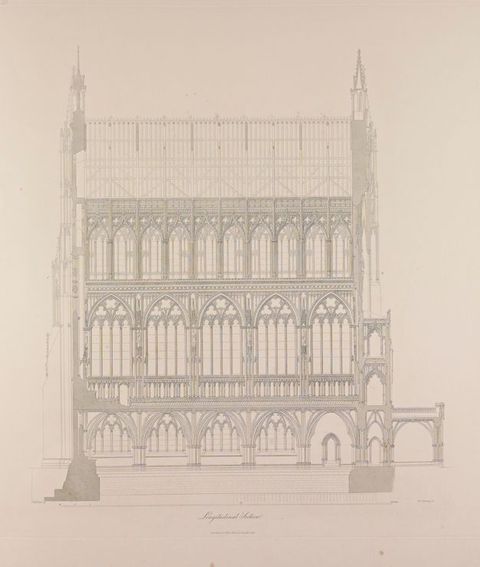 Illustration. The interior elevation of a chapel is five bays long by three stories high. Each pointed arch on the lower two levels is subdivided into four arches.