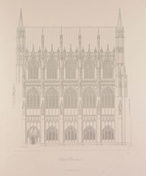 Illustration. The exterior elevation of a chapel is five bays long by three stories high, all encrusted with spires and stained glass that becomes more elaborate on the upper levels.