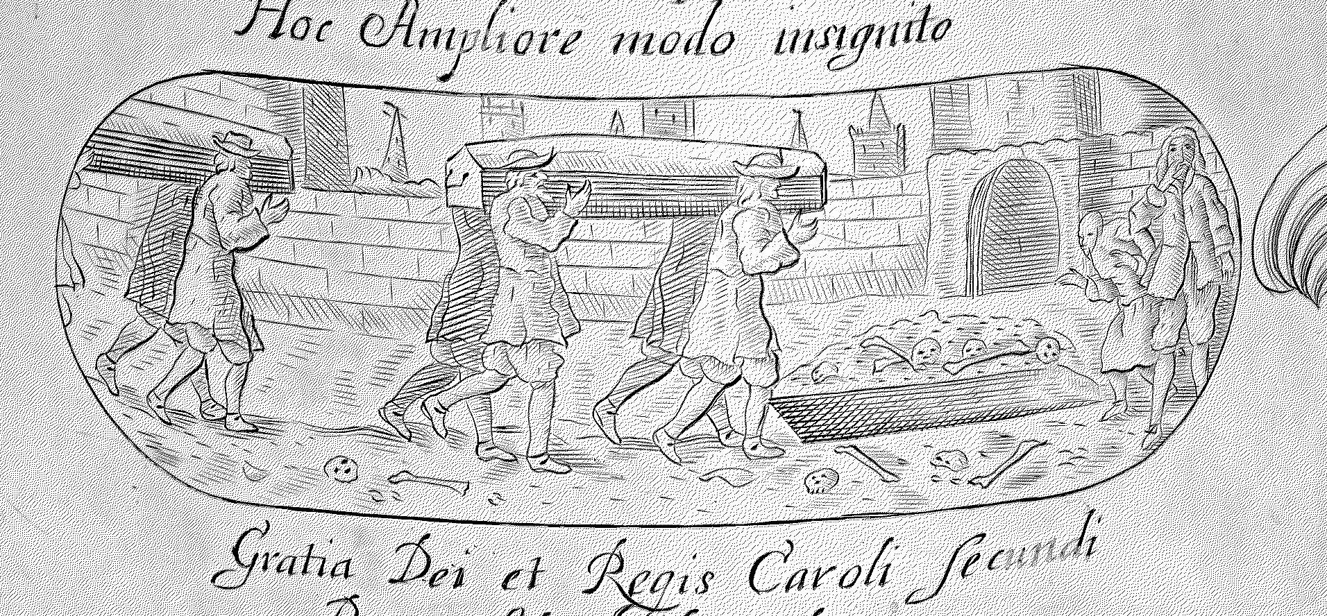An oval shaped cartouche and text incised on a metallic surface. In the cartouche, four men carry a casket on their shoulders as they walk towards an open grave surrounded by skulls and bones. Another foursome follows behind them.