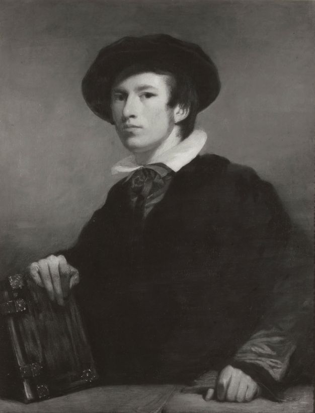 Painting. Black and white reproduction of a pale-skinned man shown from the waist up from behind a ledge. He looks at us, one hand resting on a book and the other holding a glove.