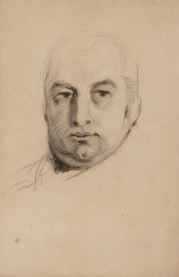Drawing. The round, clean-shaven face of a man looks off to our right under pointed, arched eyebrows. The corners of his mouth are deeply set, and he has a double chin. The face is drawn in detail while the hair and collar are loosely sketched.