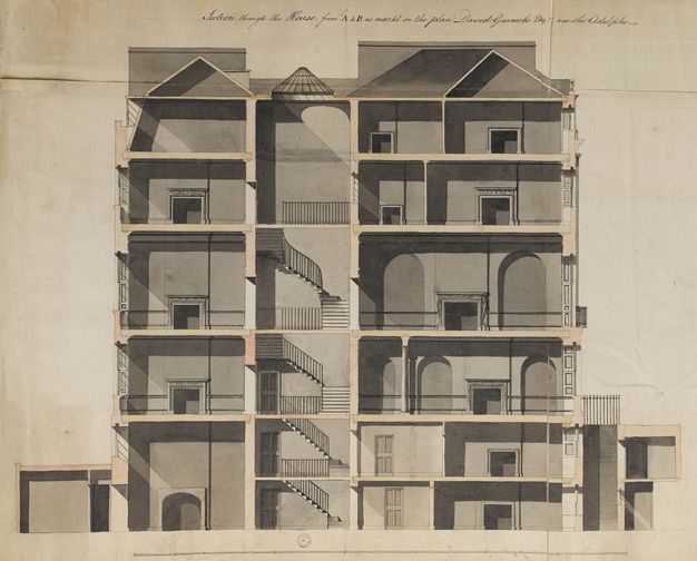 Drawing. Elevation of a six-storey building with a wall removed to show mostly capacious rooms, almost all with their own fireplaces. The rooms are stacked in two sections, connected up the centre by stairs.