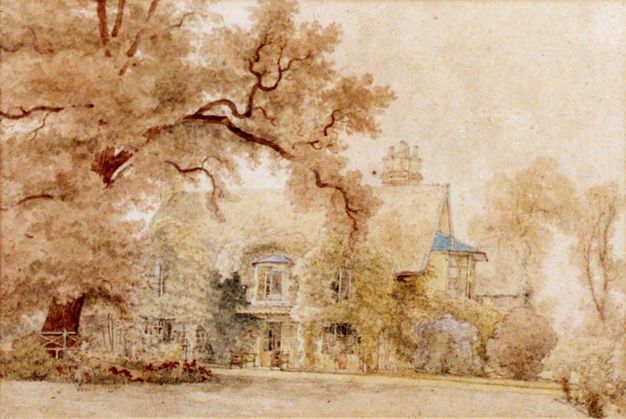 Watercolour. A two-level building nestles among bushes and trees against a clear sky. The scene is painted entirely in tones of rose gold, chestnut brown, and beige with a few touches of blue and orange.