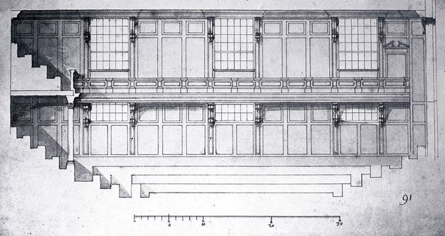 Drawing. Elevation of a panelled, hall-like space with windows above and below what appears to be a balcony.