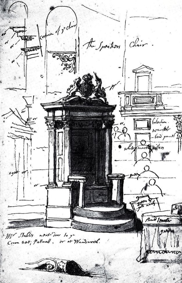 Drawing. A covered chair with half-moon steps is encased in panelling, columns, and carved ornament. Other sketches around the chair capture details and profiles of the moulding.