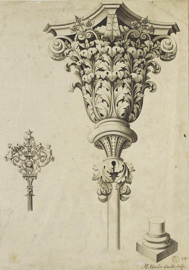 Print. A spindly column holds up an ornate, leafy capital. Acanthus leaves curl down at the base under an upwards flaring foot supporting the capital. Two levels of tall leaves are topped by flowers and scrolling volutes.