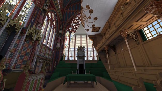 Digital visualization. Three views show the same space at different periods in time. A triangle at the centre of this rectangular image is flanked by the other two views. One shows the space elaborately carved and painted in red, blue, and gold. The centre shows a space lined with green-covered seating. The third shows a wood-panelled room.