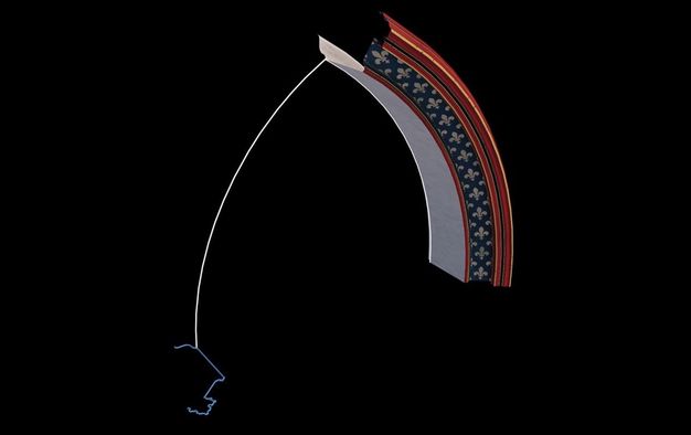 Digital model. Computer rendering of the right half of a pointed arch. The outer face is painted with gold fleur-de-lis against a blue band, and the outer moulding is red and gold.