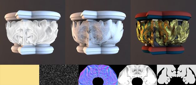 Digital models. A leafy capital is shown three times from the front and three times from above. Two more fields are yellow or glistening black.