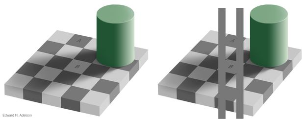 Digital illustrations. Two checkerboards are created in shades of grey. A green column at one corner casts a shadow. In the left illustration, a square outside the shadow is labelled A, and appears dark. Another within the shadow is labelled B, and appears light. Parallel grey lines on the illustration to our right show that A and B are the same shade.