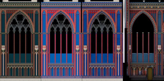 Digital images. The same bay with nested and overlapping pointed arches is rendered four times, each in different tones. All are shades of blue and red, but the centre two are significantly brighter than the left and rightmost bays.