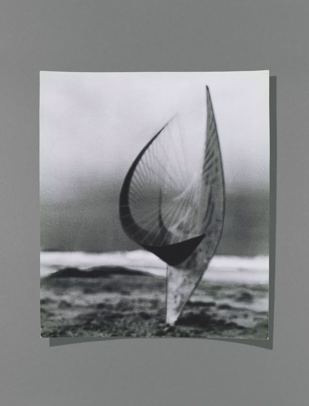 Black and white photograph. A sculpture rising from a sandy beach is blurry against the even blurrier breaking surf beyond. The sculpture seems to rise from a point in the sand to flare out into a fractured, bowl-like U shape, with strings connecting different parts.
