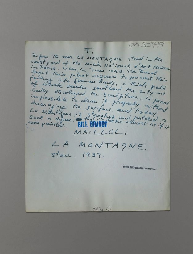 The back of a photograph has a long inscription written in pen. One of two stamps reads “Bill Brandt” and the other “From Rapho-Guillumette”.