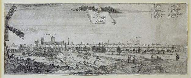 Print. A wide, panoramic view of a city skyline beyond fields and roads. A windmill close to us lines the left edge of the landscape. Locations are numbered and a legend is in the top right.