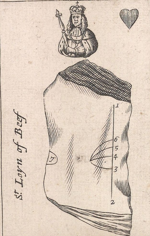 Playing card. The king of hearts is illustrated with a diagram labelled “Sr. Loyn of Beef”.