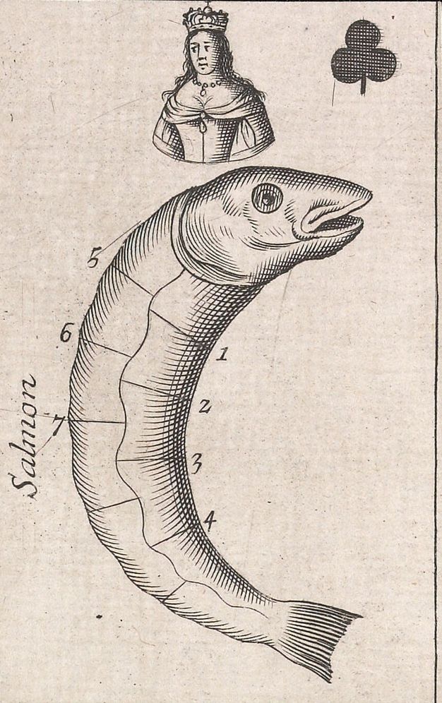 Playing card. A queen of clubs is illustrated with a fish labelled “Salmon”. Seven sections are identified, presumably for filleting.