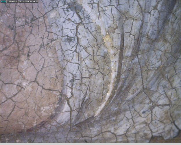 Painting. Detail view of a cracked painted surface with a few shimmering specks of gold lining an edge of powder-blue clothing.