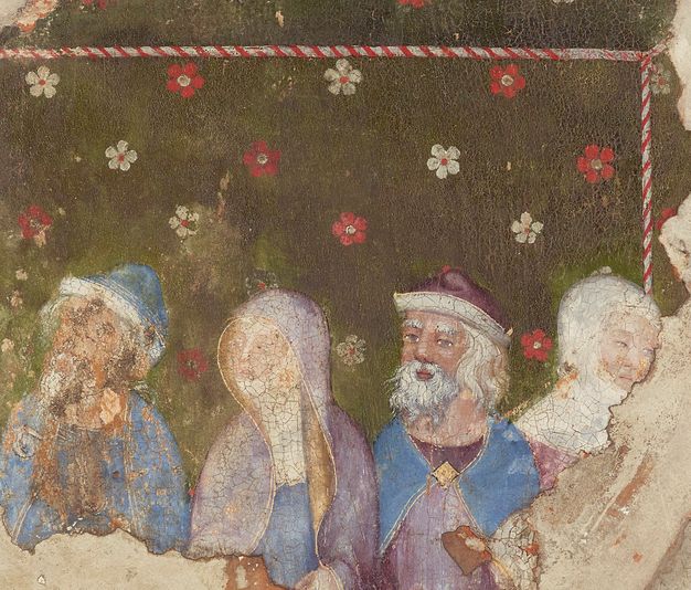 Painting. Two men and one woman sit looking to our left as a fourth, another woman, looks to our right in this fragment. They wear amethyst purple or azure blue, and their robes and cloaks are edged in gold. The background is spruce green with a pattern of red and white flowers.