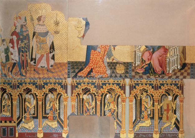 Painting. A procession approaches a person seated on a throne in the upper of two registers. This is a reconstruction; the original had significant losses so the only full person we see in the top row is a crowned, pale-skinned man wearing a cape and carrying a staff and sceptre, to our left. The level below shows seven knights in full armour kneeling in prayer, looking at the scene above.
