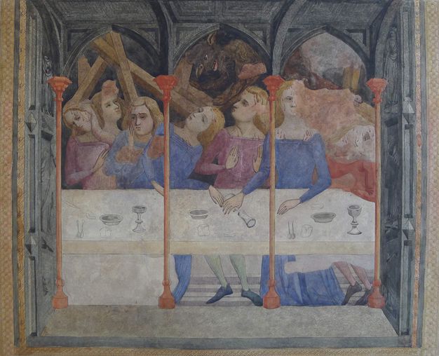 Watercolour. Seven pale-skinned, blond-haired young people gather on the far side of a dining table. Wooden rafters fall down and strike them so blood splatters from their heads, and a demon laughs above the group.