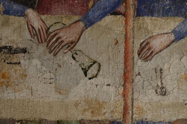 Painting. Detail view of three pale-skinned hands on a white table, one overlapping a stemmed glass.